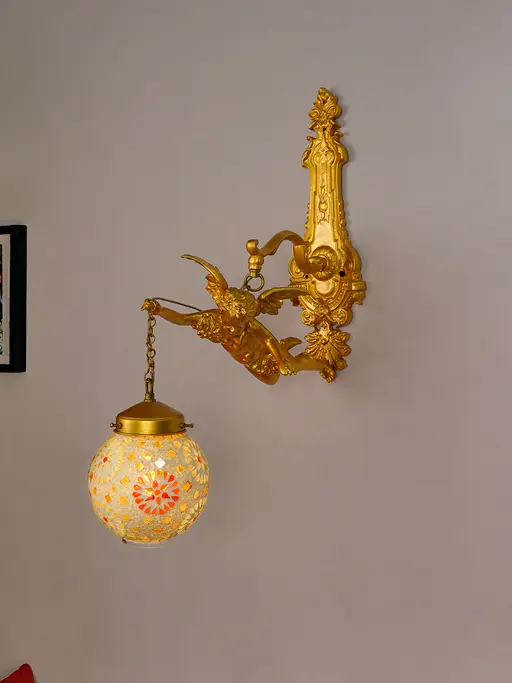 Cast Aluminium Gilded Cherub Antique Single Light Wall Lamp With Tilak Mosaic Glass Shades