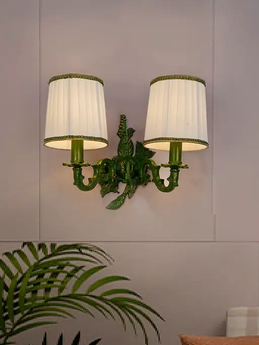Double Green Grapevine Wall Sconce with Pleated Shades