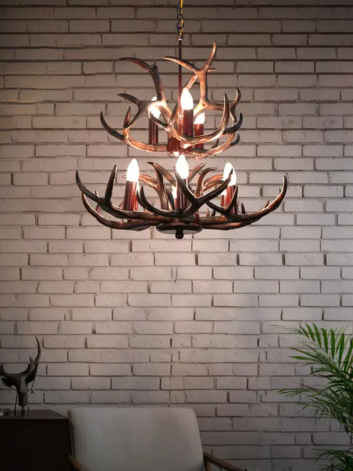 Wenge Wooden Antlers 26 Inch Wide Two-Tiered Rustic 9-Light Ceiling Chandelier Light