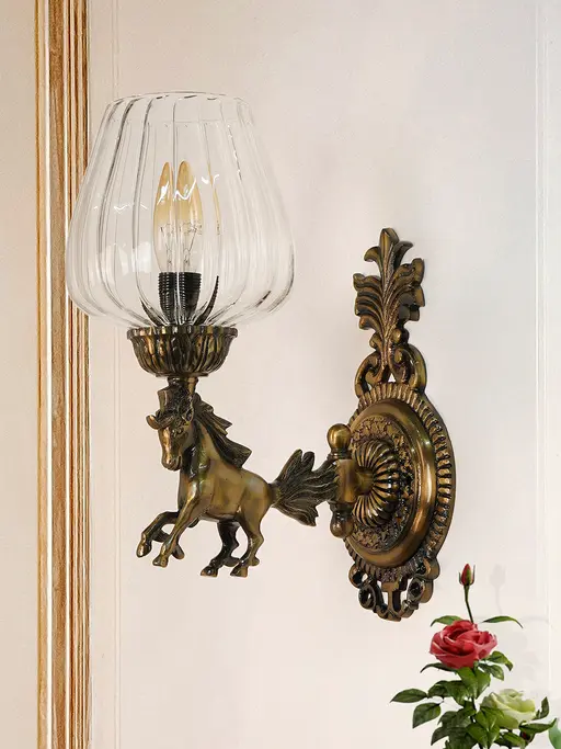Antique Brass Finished Galloping Horse Wall Sconce with Clear Fluted Borosilicate Glass Shade - Ashva Motif Decorative Light