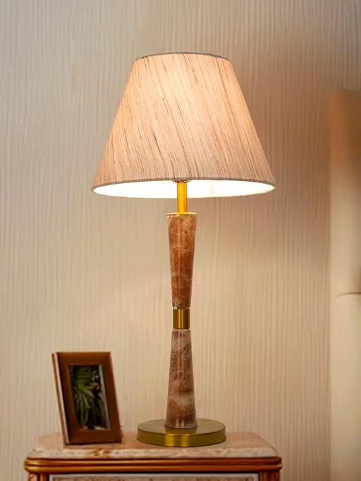 23-Inch Spindle-Body Italian Marble-Print Table Lamp with Tapered Textured Fabric Shade