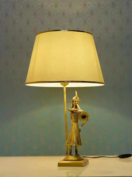 Traditional Rajasthani Been Belle Brass Table Lamp with Off White Tapered Fabric Shade