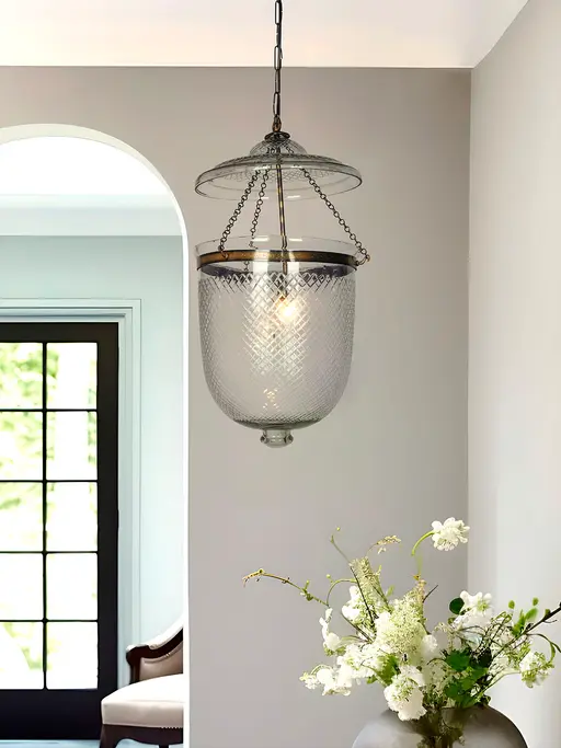 14 Inch Clear Glass Bell Jar Diamond Cut Pendant Hanging Light