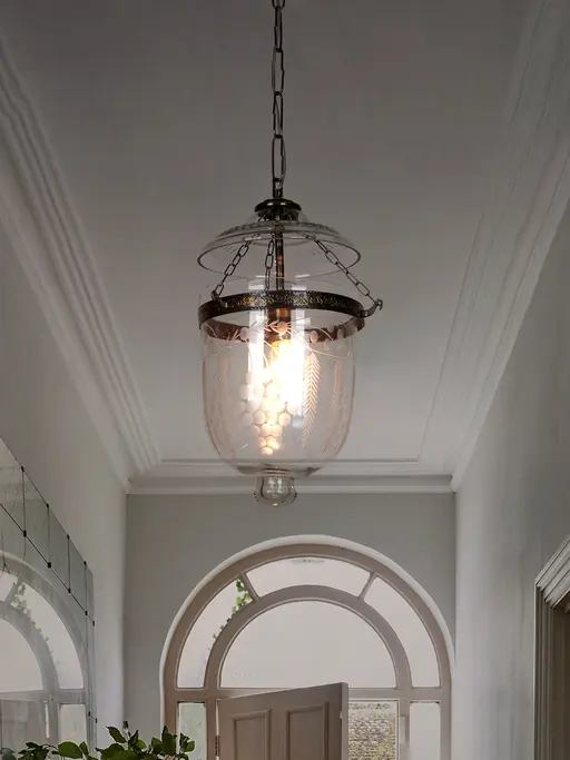 Traditional 8 Inch Wide Floral Etched Transparent Glass & Metal Single Ceiling Pendant Hanging Light