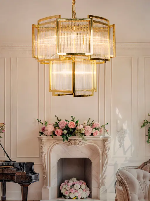 Golden Splendor Two-Tier Brilliance: Brass & Glass Chandelier - Modern Elegance for Grand Entrances