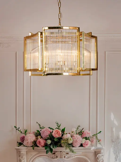 Golden Splendor Brilliance: Brass & Glass Chandelier - Modern Elegance for Grand Entrances