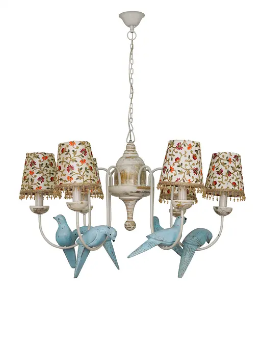 36-Inch Country Distressed Wood Bird Chandelier | 6-Light Floral Embroidered Shades with Hanging Jhalar Beads