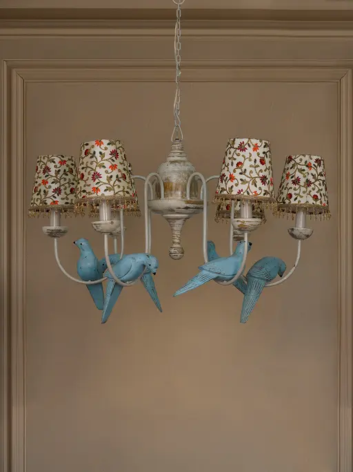 36-Inch Country Distressed Wood Bird Chandelier | 6-Light Floral Embroidered Shades with Hanging Jhalar Beads