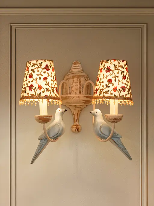 Country Cottage Style Distressed Wood Bird Wall Sconce | 2-Light Floral Embroidered Shades Beaded Fringe