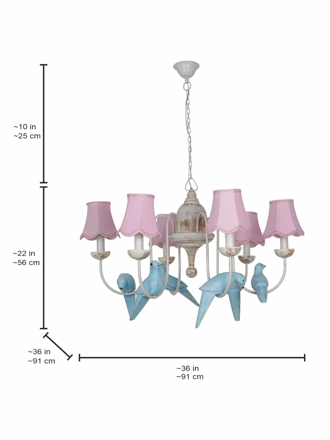 36-Inch Country Distressed Wood Bird Chandelier | 6-Light Pink Scalloped Fabric Shades — dimensions