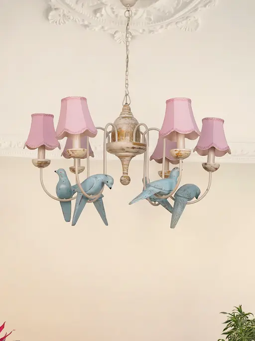 36-Inch Country Distressed Wood Bird Chandelier | 6-Light Pink Scalloped Fabric Shades