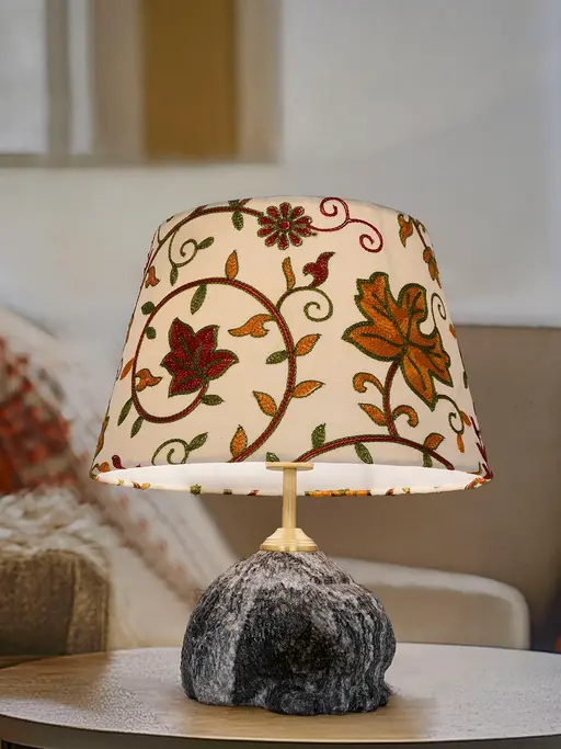 Raw Black Marble Table Lamp with Kashmiri Embroidered Velvet Shade