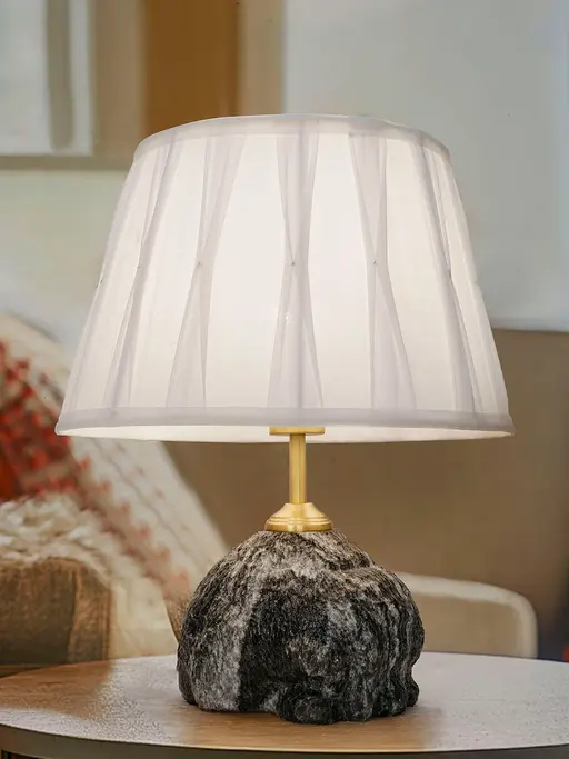 Raw Black Marble Table Lamp with Pleated Fabric Shade