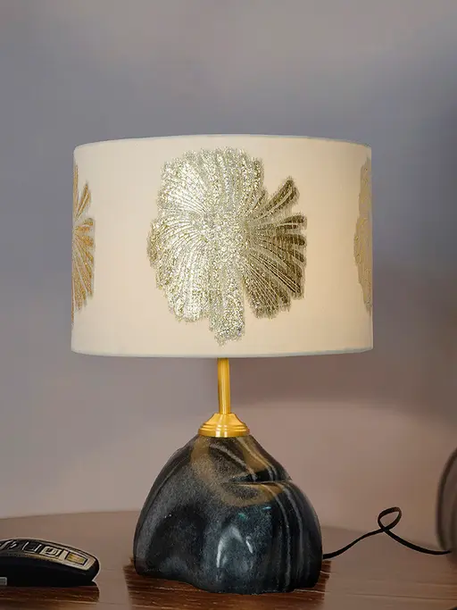 Black Marble Table Lamp with Gold Embroidered Drum Shade
