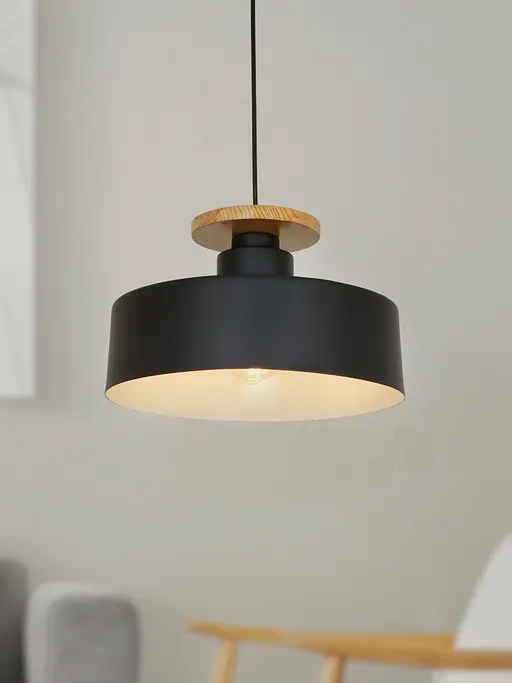 13-inch Black Modern Nordic Pendant Light with Wooden Base - for Home, Office, Cafes, and Restaurants