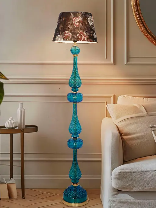 Eclectic Traditional Blue Molded Glass Floor Lamp with Embroidered Black Fabric Shade