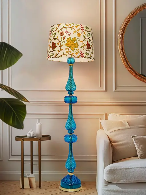 Eclectic Traditional Blue Molded Glass Floor Lamp with Kashmiri Embroidered Ivory Velvet Shade