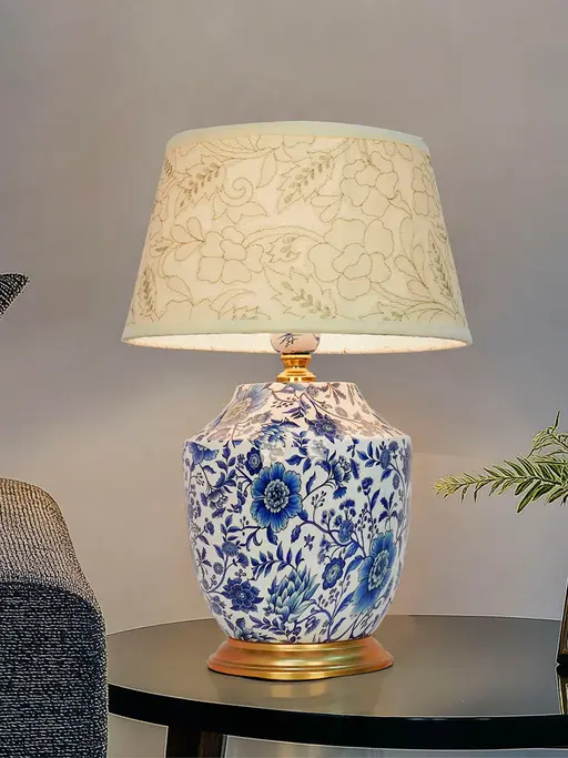 Eclectic Traditional Blue Pottery Print Table Lamp with Pastel Green Embroidered Fabric Shade