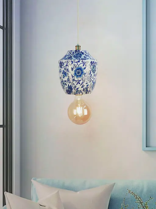 Chinoiserie Pendant Light, Blue White Floral Print, Metal Jar Shaped, Traditional Hanging Lamp,