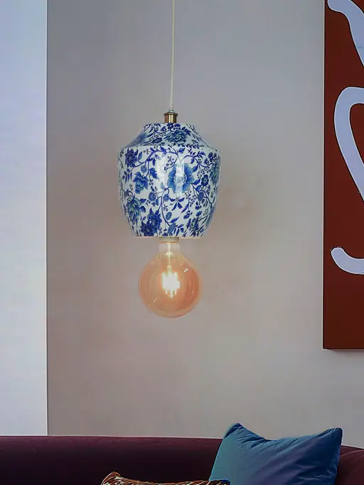 Chinoiserie Pendant Light, Blue White Floral Print, Metal Jar Shaped, Traditional Hanging Lamp,
