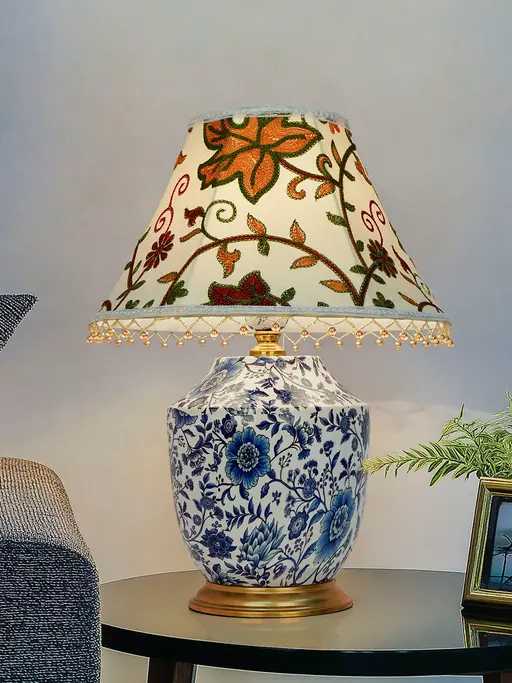 Eclectic Traditional Blue Pottery Print Table Lamp with Kashmiri Embroidered Velvet Shade