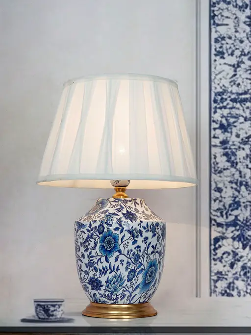 Chinoiserie Traditional Blue Pottery Print Table Lamp with Ivory Pinched Pleated Shade