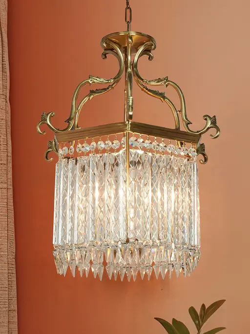 Large Traditional Hexagonal Brass Lantern Pendant | Hand-Cut Oil Drop Crystals