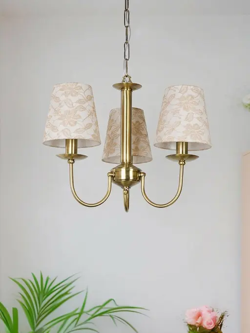 Brass Finished 3 Light Mini Chandelier with Tapered Beige Lace Shades - Timeless Elegance