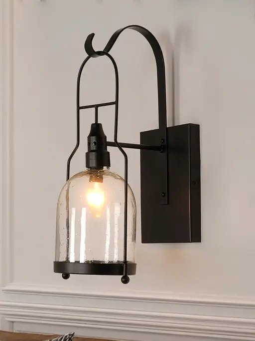 20-Inch Industrial U-Arm Wall Sconce | Black California Style Light with Seeded Bubble Glass