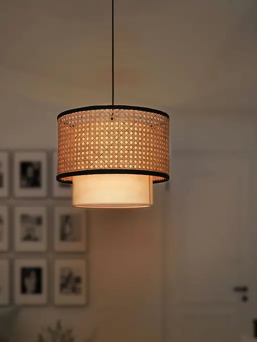 Contemporary Single Ceiling Light With Concentric Dual Cane & Fabric Drum Shades