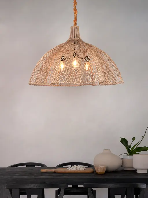 Large Coastal 38 Inch Wide Star-Shaped Natural Cane Triple-Light Ceiling Hanging Pendant Chandelier