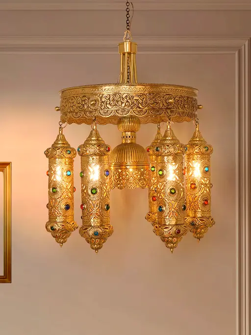 22-Inch Hand-Carved Moroccan Brass Chandelier | 7-Light Antique Brass Cylinder Pendant with Colorful Glass Beads