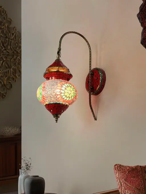 Red Stone Mosaic Wall Sconce with Goose Neck Arm | Tibetan-Nepalese Inspired Artistry