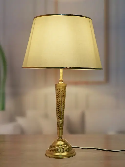 Conical Brass Table Light in Antique Finish with Off White Tapered Fabric Shade