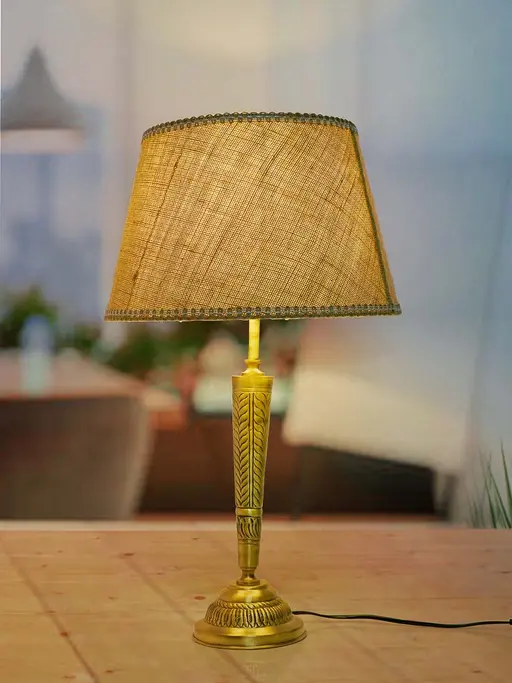 Conical Brass Table Light in Antique Finish with Jute Lace Shade