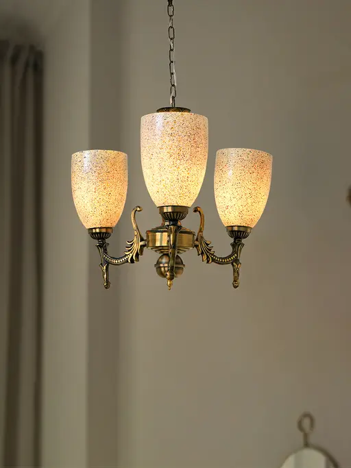 Antique Brass 15 Inch Wide Steel 3-Light Mini Ceiling Chandelier Hanging Light With Multicolor Bell Glass Shades