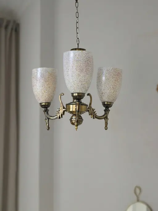 Antique Brass 15 Inch Wide Steel 3-Light Mini Ceiling Chandelier Hanging Light With Multicolor Bell Glass Shades