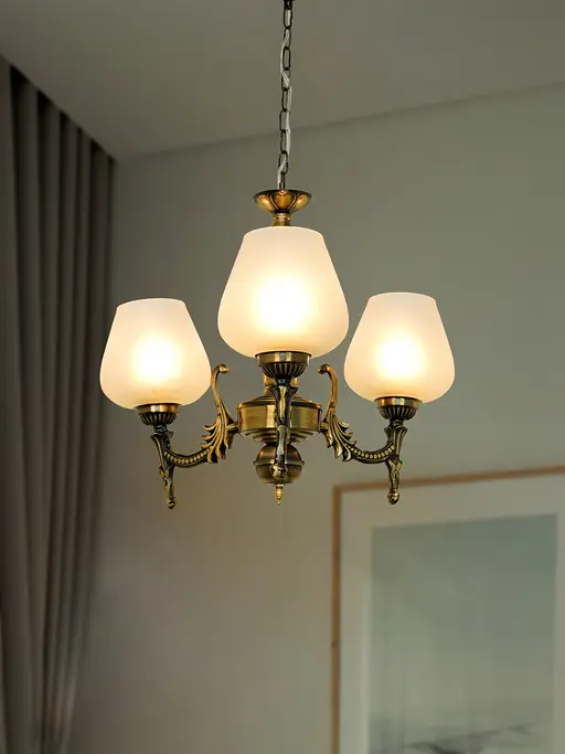 Antique Brass 16 Inch Wide Steel 3-Light Mini Ceiling Chandelier Hanging Light With Plain Frosted Goblet Glass Shades