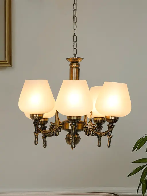 19-Inch Traditional 5-Light Chandelier | Antique Brass Cast Aluminium with Frosted Glass Shades