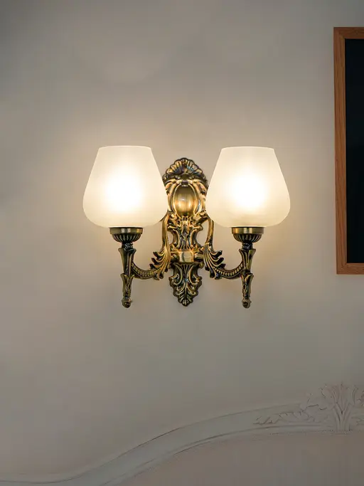 Antique Brass 11 Inch 2-Light Steel Wall Lamp With Plain Frosted Goblet Glass Shades