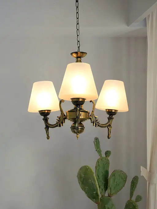 Antique Brass 17 Inch Wide Steel 3-Light Mini Ceiling Chandelier Hanging Light With Tapered Frosted Glass Shades