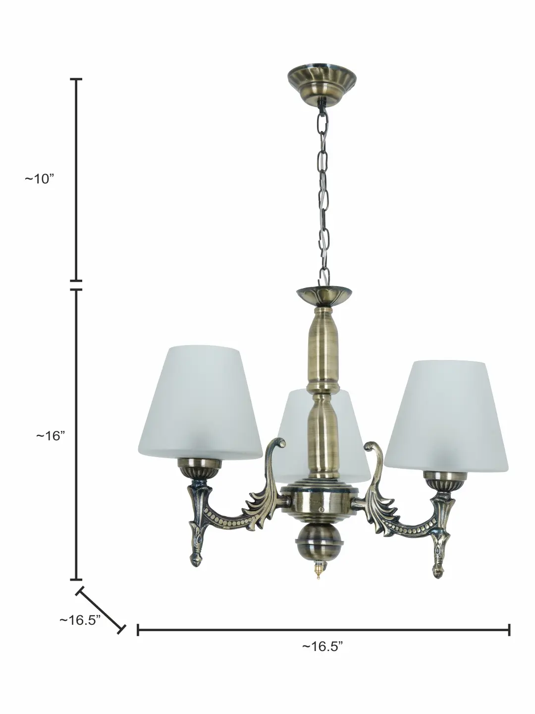 Antique Brass 17 Inch Wide Steel 3-Light Mini Ceiling Chandelier Hanging Light With Tapered Frosted Glass Shades — dimensions
