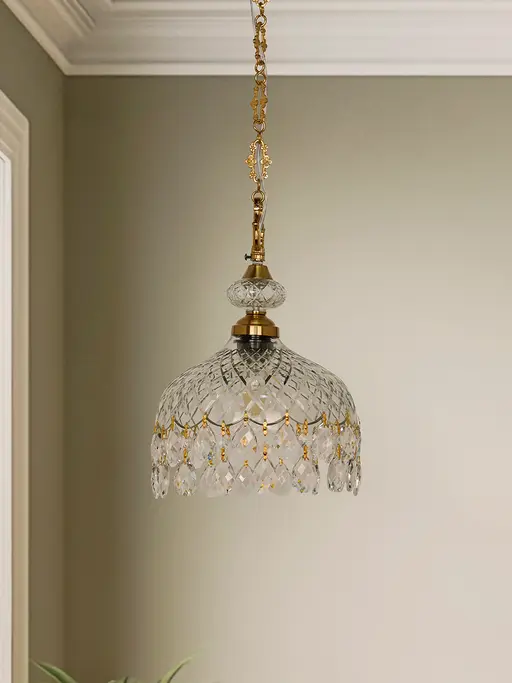 10-Inch Cut Glass Bowl Pendant Light with Teardrop Crystal Fringe and Ornate Brass Chain