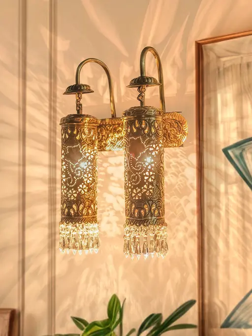 Hand Carved Brass & Crystal Mini Cylinder Wall Sconce