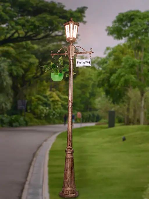 7-Foot Victorian Outdoor Pole Light | Antique Gold Cast Aluminium with Dual Decorative Arms