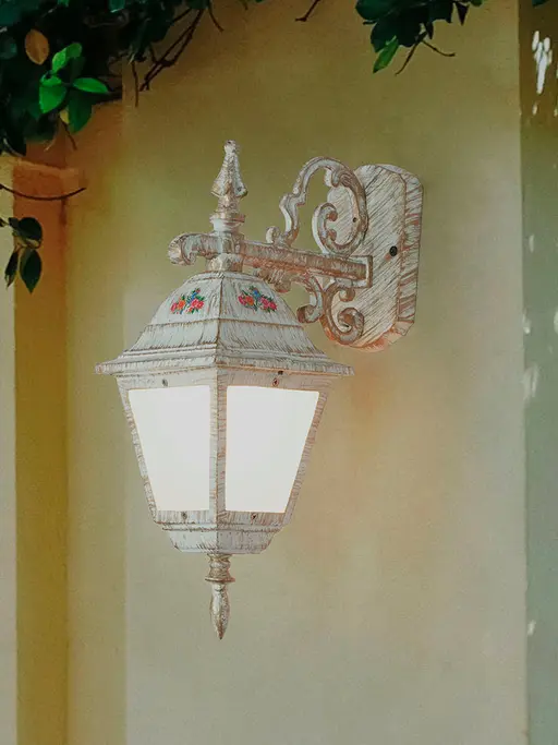 Cottage Farmhouse Outdoor Wall Sconce | Distressed White Finish with Floral Motifs