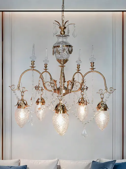 Opulent Traditional Brass Chandelier | Cut Glass Downward Shades & Obelisque Crystals