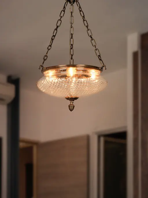 Round Antique Brass Finish Diamond-Cut Glass 18 Inch Ceiling Hanging Light