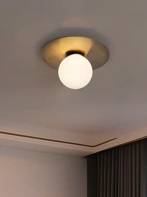 Modern Antique Brass Disc Ceiling or Wall Light with Frosted Globe