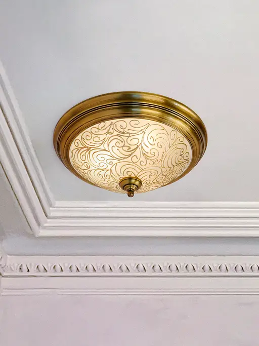 Antique Brass Flush Ceiling Light with Hand-Painted Frosted Glass